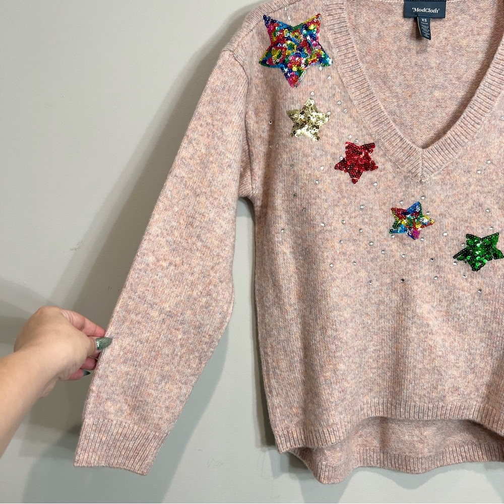 ModCloth Sweater Pink Multicolor Knit Wool Blend Sequin Stars V-neck Shirt XS - Picture 3 of 8